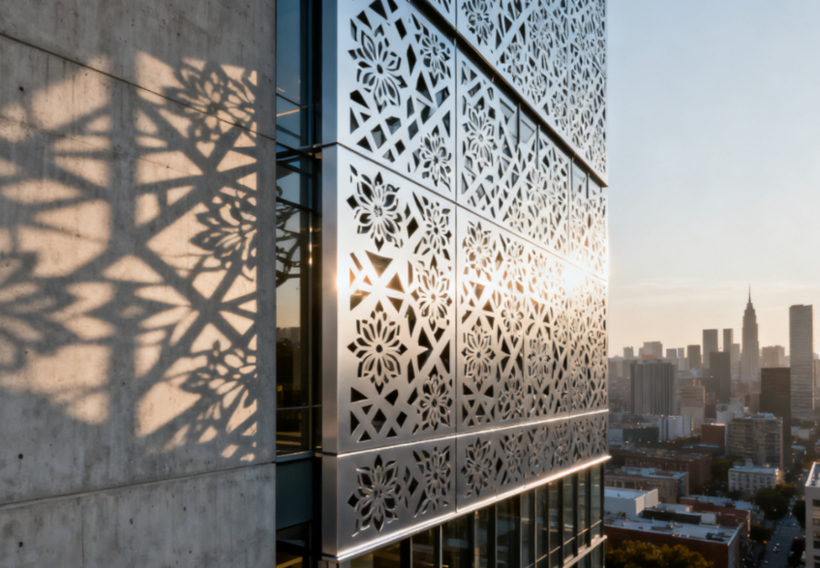 laser-cut aluminum decorative facade screen panels on modern high-rise building laser-cut aluminum decorative facade screen panels on modern high-rise building