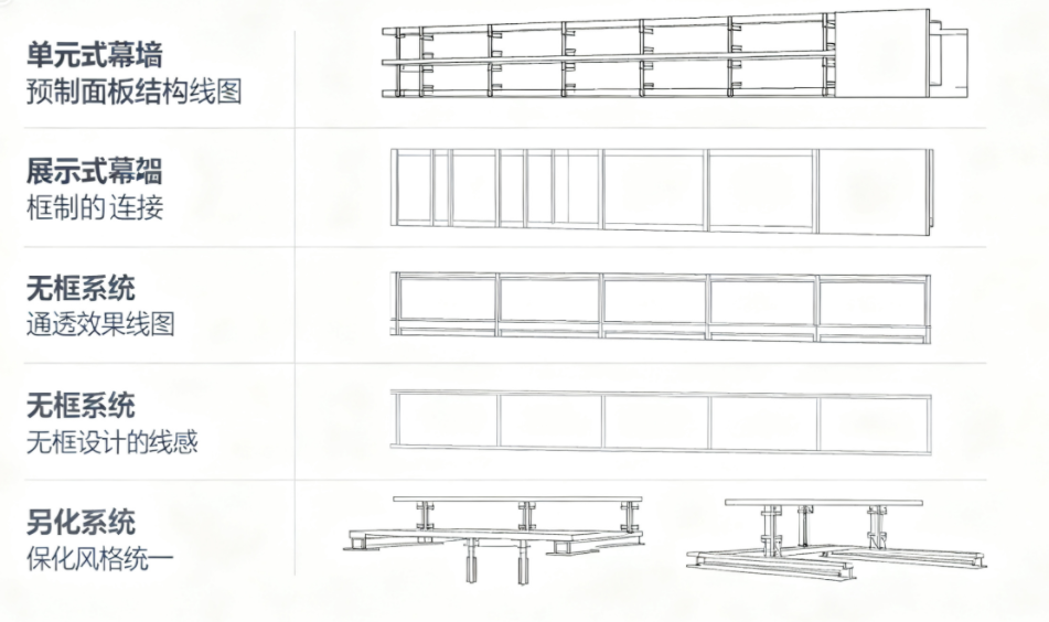 Glass Facade systems Unitized Curtain Wall Stick Glazing System Frameless Systems architectural diagrams